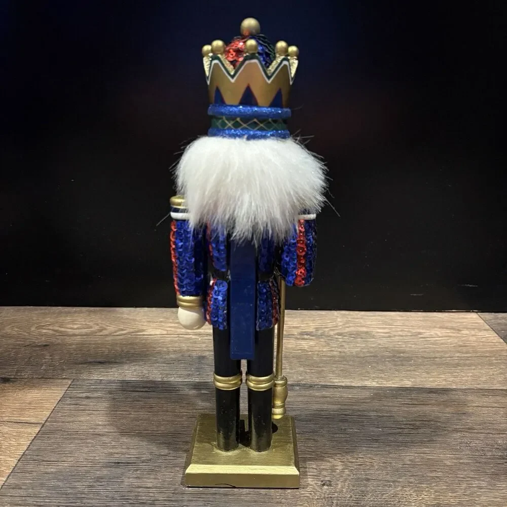 12” Sequin Nutcracker King Christmas Decor Red Blue Gold Crown Jeweled Scepter
